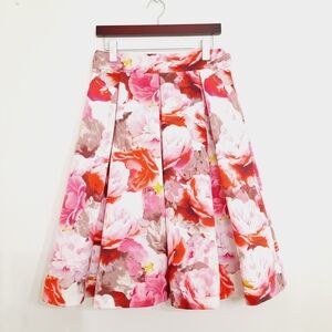 Eliza J A-Line Box pleat rose printed floral faille midi skirt 8
